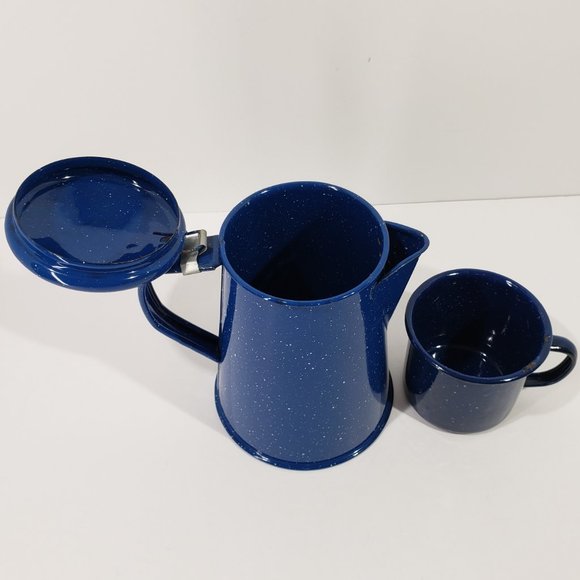 Blue & White, Navy Trimmed Speckled Coffee Pot Enamel Ware with One Cup - Picture 4 of 7